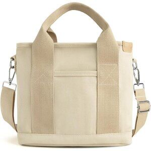Women's Khaki Canvas Tote Bag With Multi Pockets Mini Shoulder Bags With Zipper
